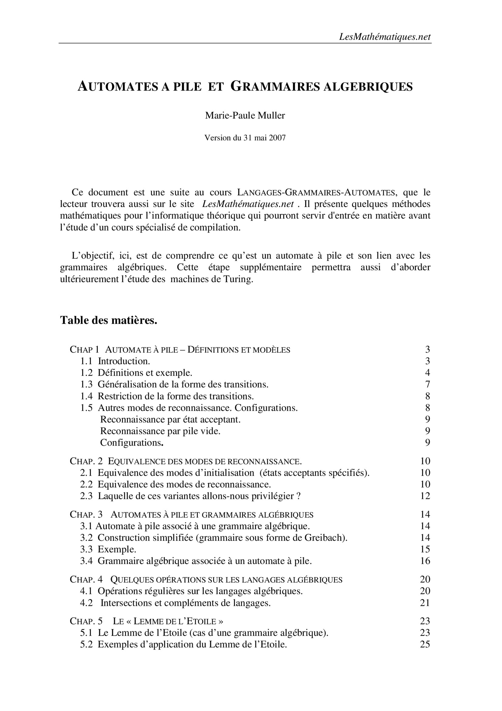 Aperçu : Automates à pile et Grammaires