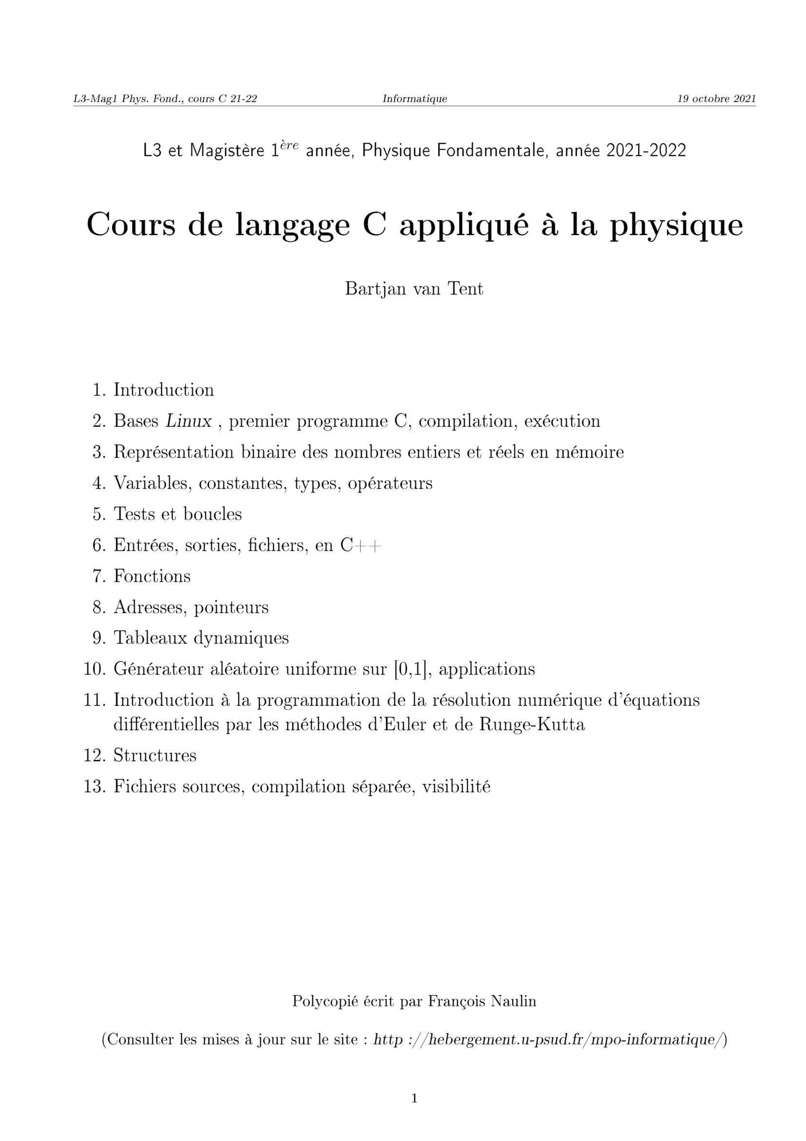 Aperçu : Cours de langage C appliqué à la physique