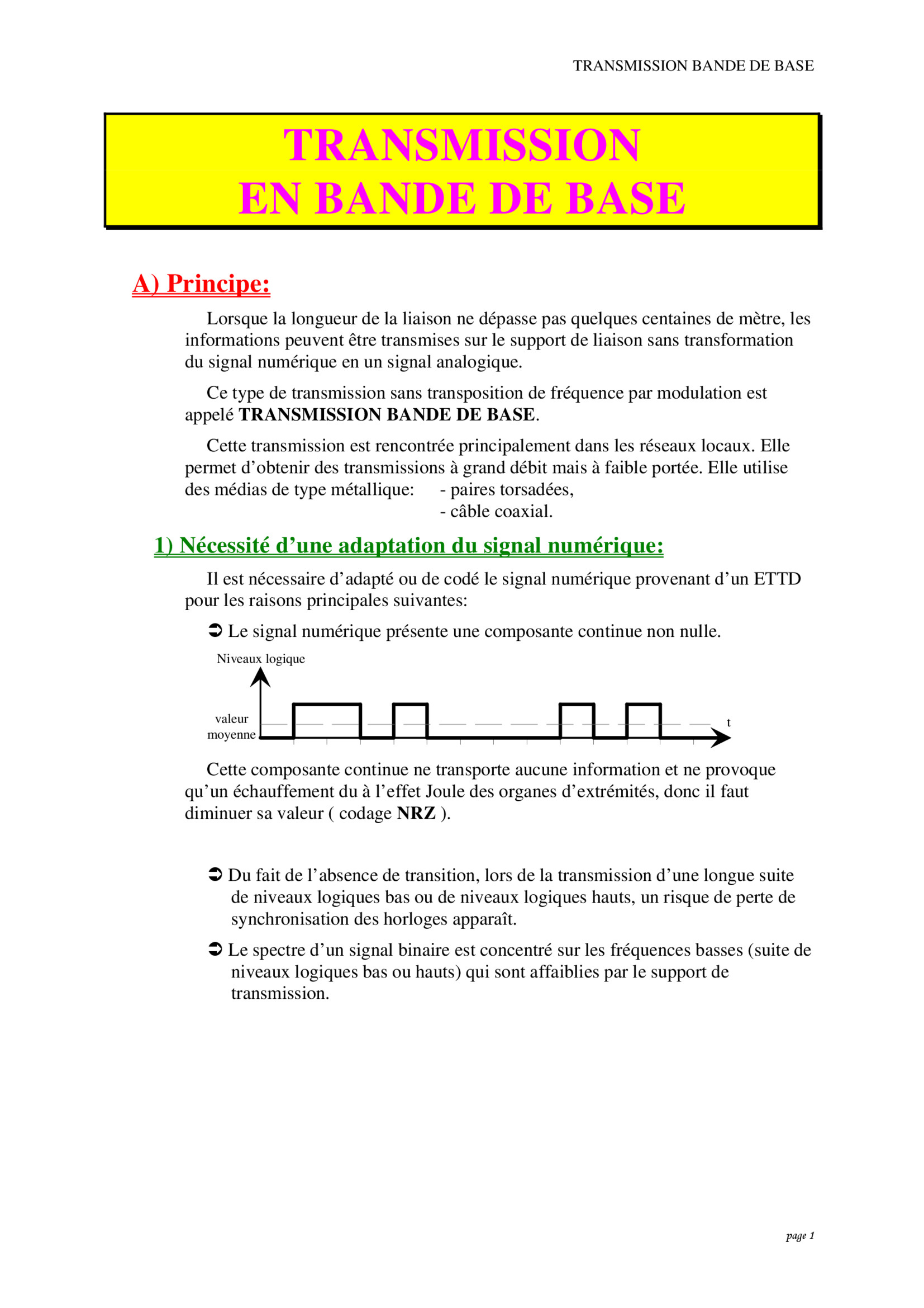 Aperçu du cours Transmission en bande de base : Cours de codage réseau PDF