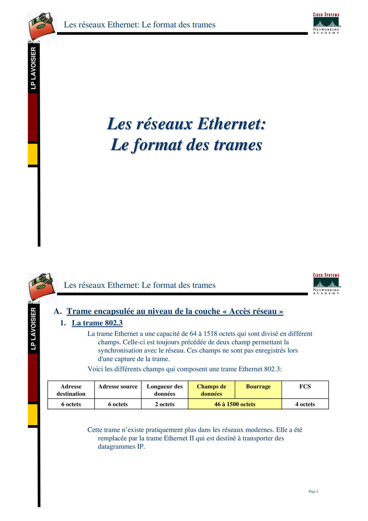 Aperçu : Les réseaux Ethernet: Le format des trames