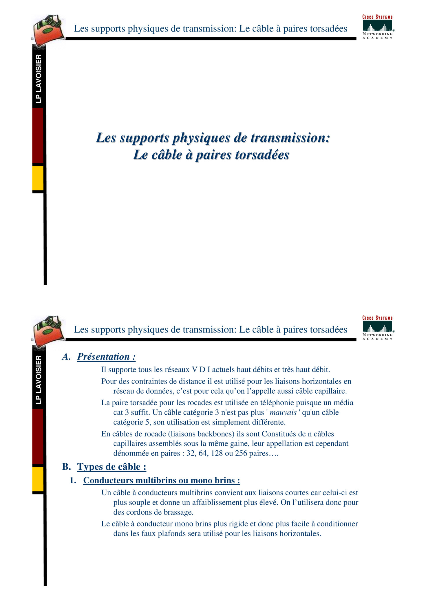 Aperçu : Les supports physiques de transmission : le câble a paires torsadées