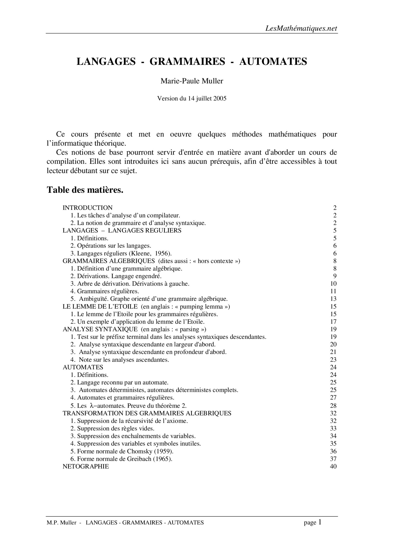 Aperçu : Langages - Grammaires et Automates