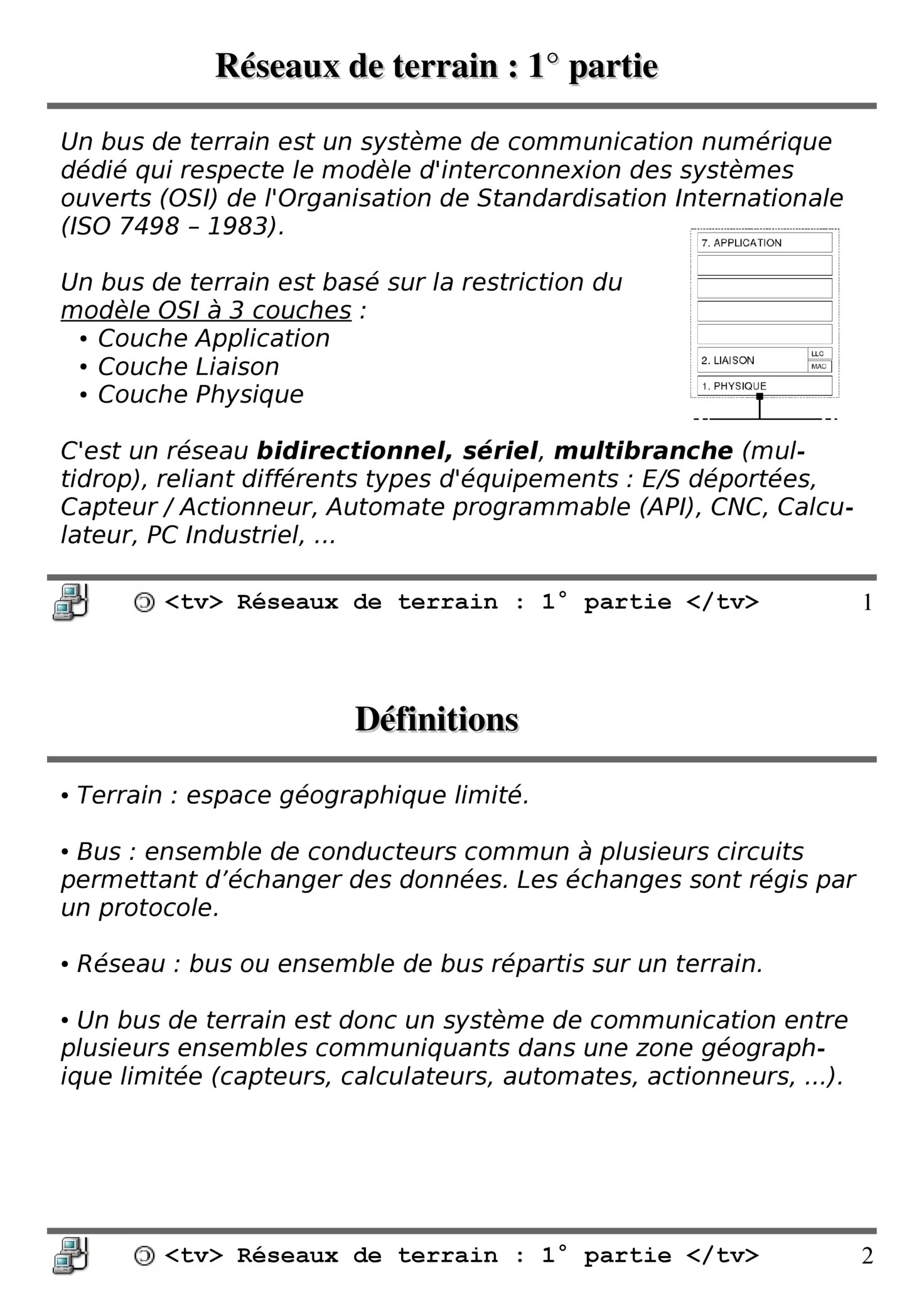 Aperçu : Réseaux de terrain : 1° partie